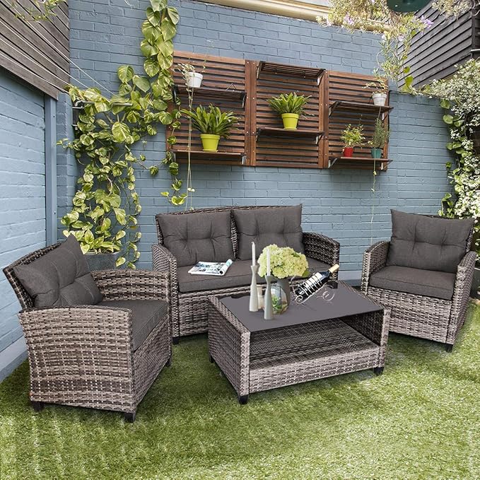 Tangkula 8 PCS Patio Wicker Conversation Furniture Set, Outdoor Rattan Sofa Set with Padded Cushion & Tempered Glass Coffee Table, Wicker Sectional Sofas & Table for Courtyard Balcony Garden (2, Grey)