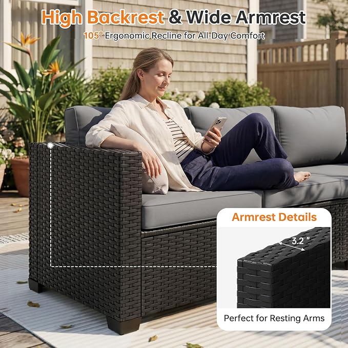 LazySunsets 5-Piece Outdoor Patio Furniture Set, Rattan Outdoor Sectional with Thick Waterproof Cushions, Wicker Ottomans & Waterproof Cover, Patio Conversation Set for Garden, Backyard, Grey