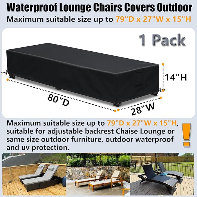 Waterproof Patio Lounge Chair Cover 1 Pack Outdoor Chaise Lounge Covers 600D Weather Resistant Material, UV Protection, Windproof Design Outside Furniture Covers 80" x 28" x 14" H,Black