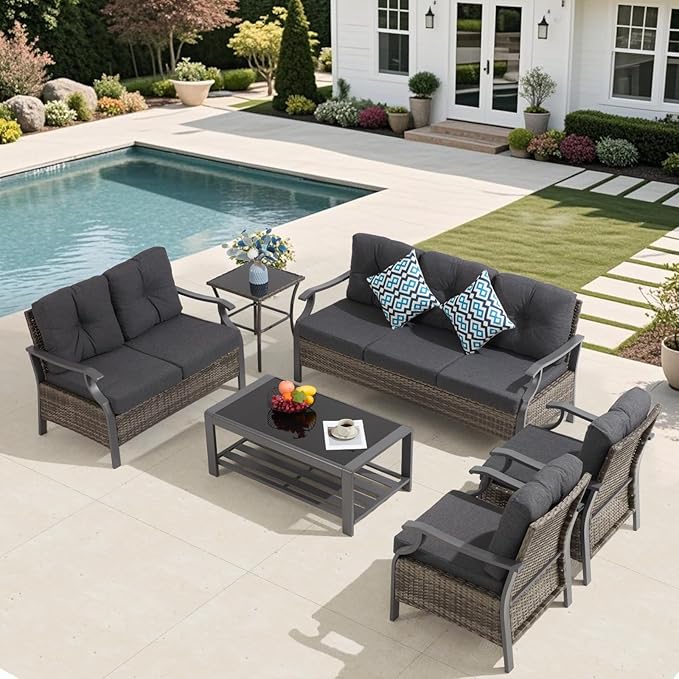 Outdoor Patio Furniture Set, 6 Pieces Outdoor Conversation Sets with Coffee Table & Side Table, Wicker Rattan Outdoor Sectional Sofa Set for Backyard, Deck, Porch, Poolside, Gray