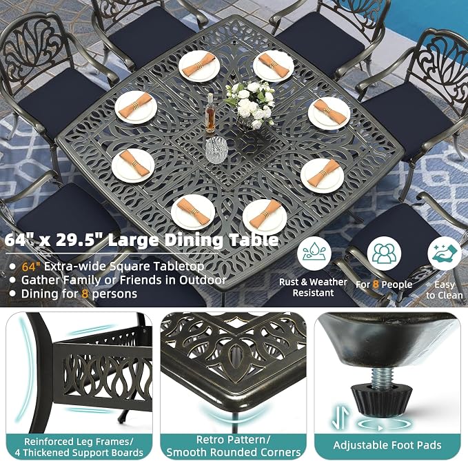 MEETWARM 9-Piece Outdoor Furniture Dining Set for 8, All Weather Cast Aluminum Patio Dining Set- Large 64" Square Table with Umbrella Hole and 8 Cushioned Chairs, Patio Table and Chairs Set, Navy Blue