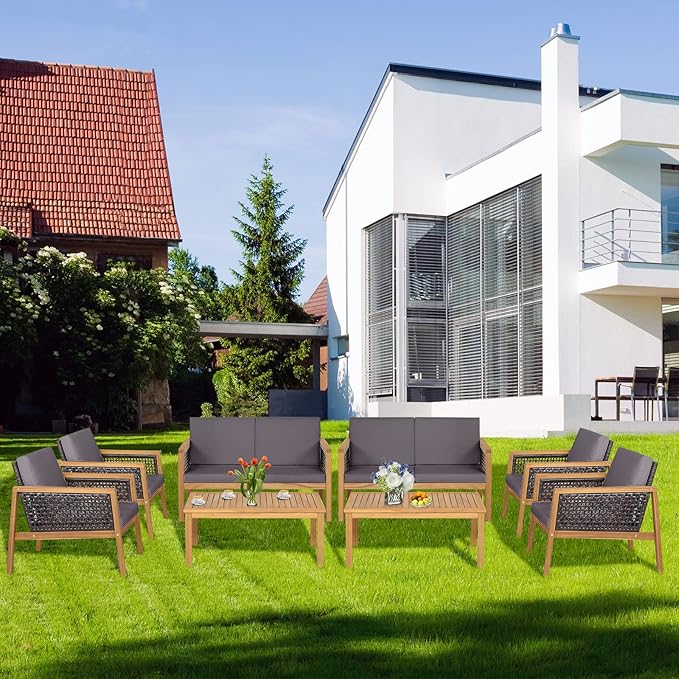 8 Pieces Outdoor Acacia Wood Furniture Set, Outdoor PE Wicker Conversation Set with Coffee Table and Soft Cushions, Outdoor Sofa Set for Garden, Poolside and Backyard (2, Grey)