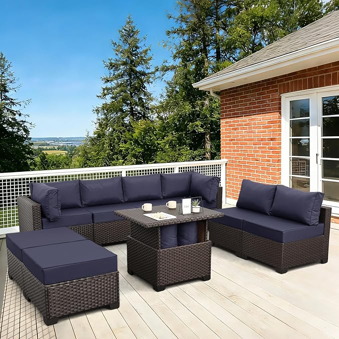 9 Pieces Wicker Patio Furniture Set Outdoor PE Rattan Sectional Conversation Sofa Set with Navy Blue Cushions and Storage Table