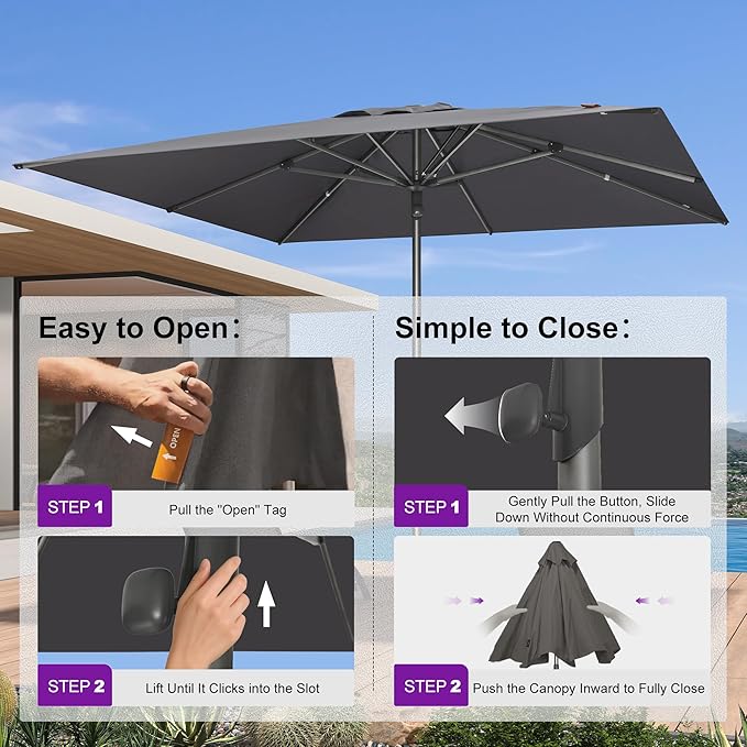 PURPLE LEAF 10 X 10 FT Commercial Square Patio Umbrella Semi Auto Heavy Duty 1.9" Aluminum Pole Wind Resistant Ribs for Restaurant Cafe Outdoor Dining Beach Bar Hotel Pool Resort Garden Deck Grey