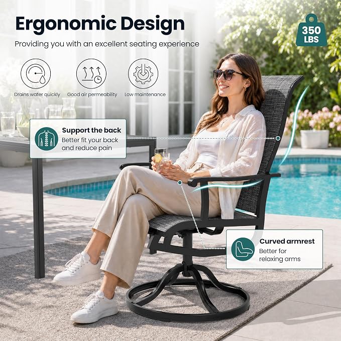 Pamapic 7-Piece Outdoor Dining Set, All Weather Patio Table and Chairs Set with Umbrella Hole, Wood-Like Table and 6 360° Swivel Textilene Chairs for Backyard, Poolside, Deck, Porch, Grey