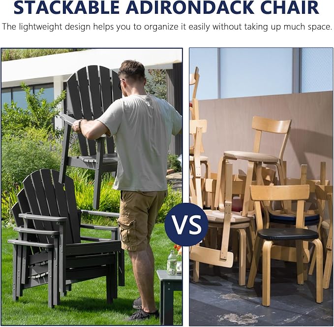 nevilywood Compact Stackable Adirondack Chairs Set of 2,HDPE,380lbs,Grey | 26.3" Wide HDPE.All-Weather Outdoor.Maintenance-Free.Stackable for Storage.25°Curved Straight Backrest.Quick Assembly