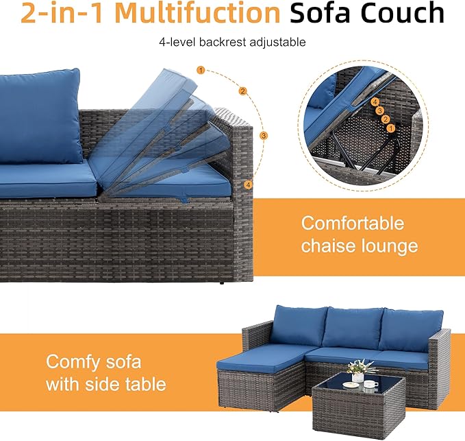 Shintenchi 4 Pieces Patio Furniture Set, 2-in-1 Convertible Sectional Sofa & Chaise Lounge, All-Weather Wicker Rattan Sofa Couch with Cushions & Coffee Table for Yard, Garden, Porch, Poolside (Blue)