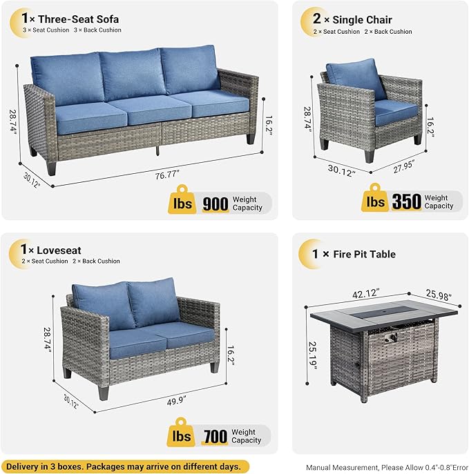 ovios 5 Pieces Patio Furniture Set, Outdoor Wicker Rattan Sofa Couch with 42" Fire Pit Table, Loveseat Chairs, Conversation Sets for Yard Porch Garden, Denim Blue