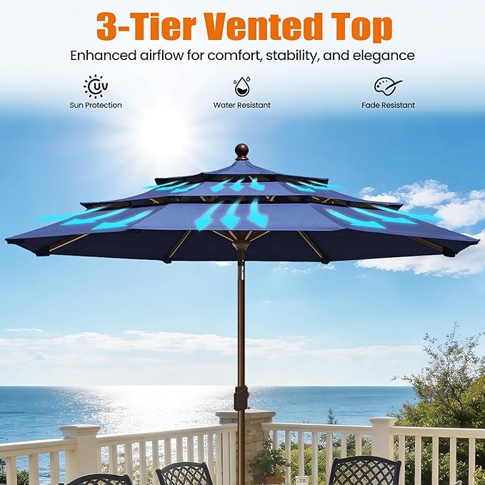 EliteShade USA 10-Year-Non-Fading 10ft 3-Tier Market Patio Umbrella, Commercial Grade Outdoor Table Umbrella with Crank Open, Windproof & UPF 50+ UV Protection, Heavy Duty Ventilation for Garden, Deck, Pool, Backyard, Beach & Bistro, Navy Blue