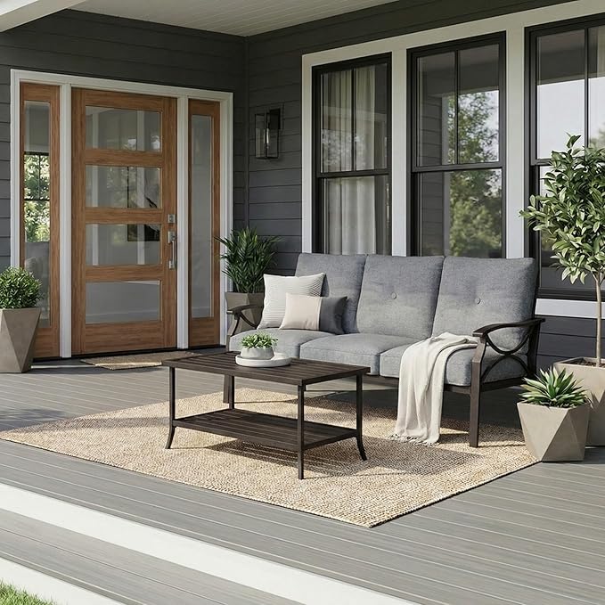 RoyalCraft Outdoor Patio Furniture Set, 2 Piece Patio Conversation Set, Metal Furniture Set with 3 seat Sofa for Porch Backyard,Khaki Metal Furniture with Gray Cushions