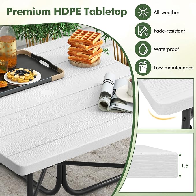 HAPPYGRILL 4-8 Person Square Picnic Table Bench Set with Umbrella Hole, Outdoor Camping Table with HDPE Material and Sturdy Metal Frame for Patio, Garden and Backyard, White