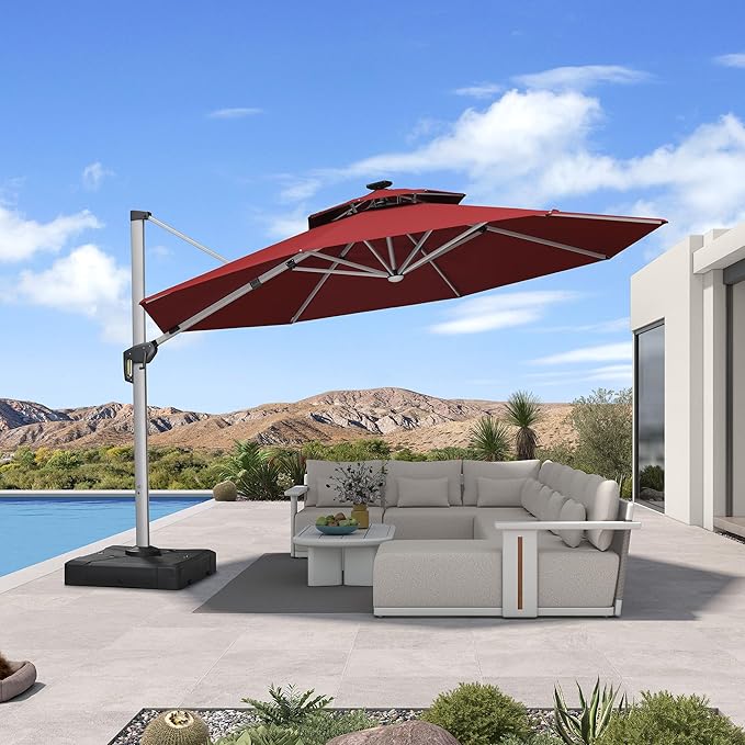 PURPLE LEAF 13ft Patio Umbrella with Lights Outdoor Round Large Cantilever Umbrella Solar Powered LED Windproof Offset Umbrella Heavy Duty for Garden Deck Pool Patio, Brick Red