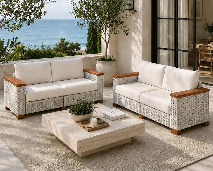 PaPaJet 4-Piece Wicker Patio Furniture Set with Solid Wood Armrest, Outdoor Patio Set with Thick Legs, UV-Resistant Modular Outdoor Sectional Sofa for Backyard, Porch, Garden