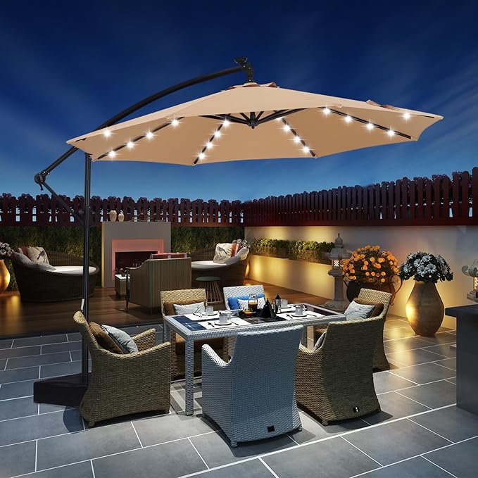 ABCCANOPY 10 FT LED Patio Umbrellas Cantilever Umbrella with base, 360° Rotation Outdoor Lighted Offset Umbrella Bonus Fix Frame & Weights Bag for Backyard, Deck, Poolside (Khaki)