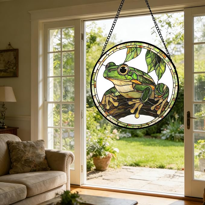 DASTOLL Stained Glass Window Hanging, Frog Green Leaf Sun Catchers Colorful Glass Panel Cool Suncatcher Decor for Birthday for Women, Men, Wife, Aunt, and Mom 6.3 in