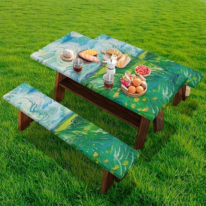 Green Field Picnic Table Cover with Bench Covers Elastic Picnic Table Covers Outdoor Table and Chairs Decorative Sets Camping Essentials Suitable for Summer Outdoor Camping