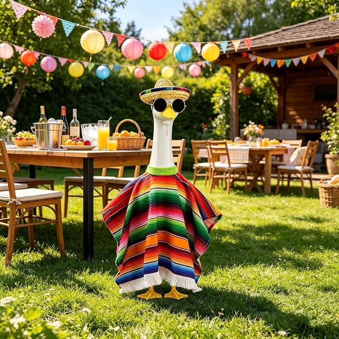 Cinco De Mayo Porch Goose Outfits, Mexican Outfit Fits 17 23 Inch Statue | Summer Goose Clothes with Hat, Serape Striped Poncho and Sunglasses for Outdoor Garden Yard Lawn Patio Decor