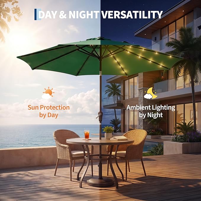 Garvee 9FT Patio Umbrella with 32 Solar LED Lights, Outdoor Table Market Umbrella with Tilt and Crank, 8 Sturdy Iron Ribs Sun Shade for Garden, Deck, Backyard and Pool, Dark Green