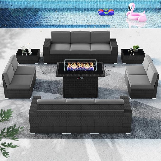 13 Pieces Patio Furniture Set with 44" Propane Gas Fire Pit Table, Outdoor Sectional Wicker Conversation Sofa Sets with Coffee Table