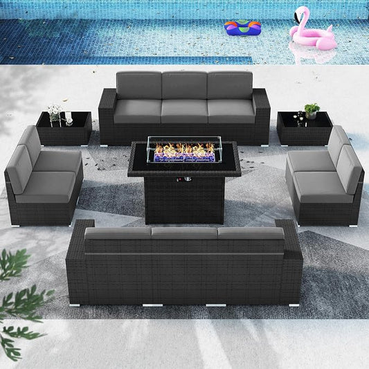 13 Pieces Patio Furniture Set with 44" Propane Gas Fire Pit Table, Outdoor Sectional Wicker Conversation Sofa Sets with Coffee Table