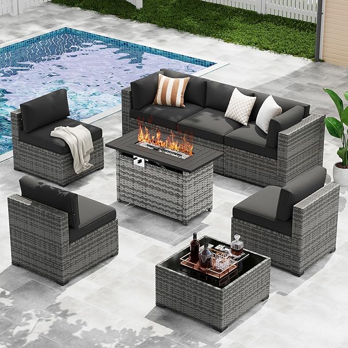 LazySunsets 8-Piece Patio Furniture Set with 44" Fire Pit Table, Wicker Outdoor Furniture, Patio Conversation Sets with Coffee Table, Outdoor Sectional Couch with Waterproof Cover, Black