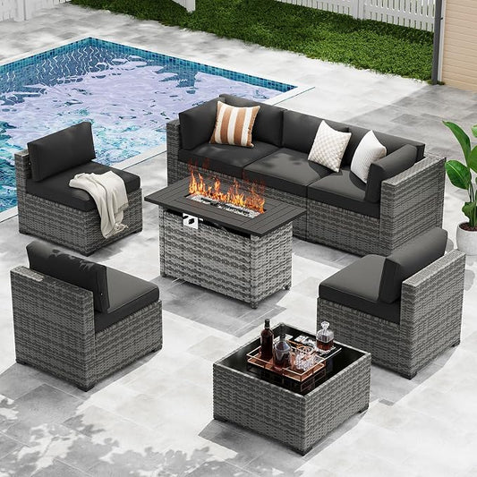 LazySunsets 8-Piece Patio Furniture Set with 44" Fire Pit Table, Wicker Outdoor Furniture, Patio Conversation Sets with Coffee Table, Outdoor Sectional Couch, Black