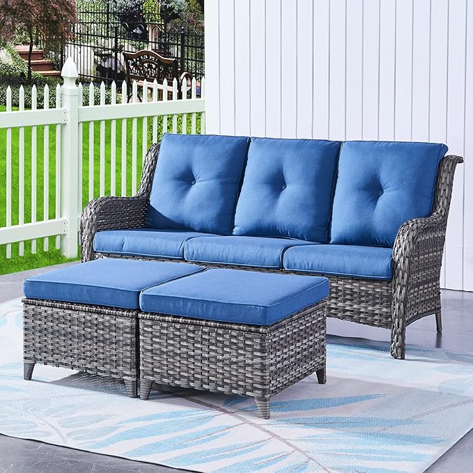 Rilyson 3 Piece Wicker Patio Furniture Set - Outdoor Rattan Patio Comversation Set with 1 Sofa and 2 Ottomans for Outside Porch Deck Garden(Mixed Grey/Blue)
