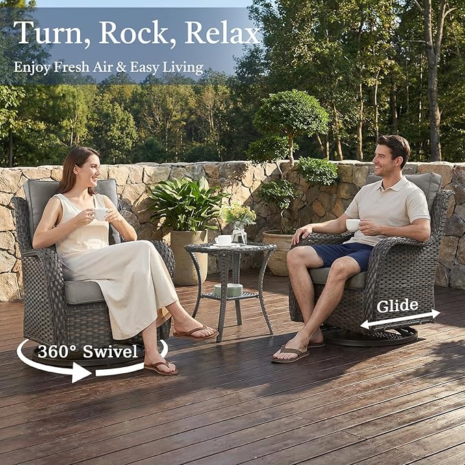 Outdoor Patio Furniture Set-5 Piece Outdoor Swivel Rocker Chairs with Ottomans Patio Furniture Set for Deck Balcony Poolside Backyard-Brown/Grey