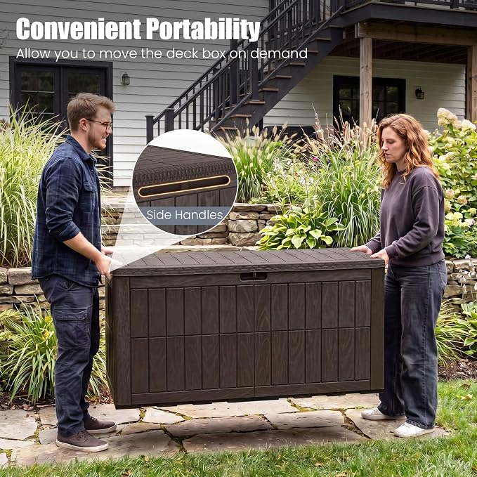 HAPPYGRILL 120 Gal Outdoor Deck Box, Lockable Storage Bin with Lid and Handles, Waterproof and Sun-Protective Patio Bench and Storage Box for Garden Tools Pool Supplies (Dark Brown, 120Gallon)