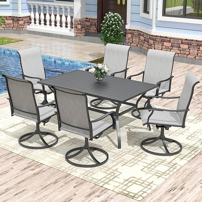 Anmutig Outdoor Rectangle Dining Table 6-Person with 1.57" Umbrella Hole Metal Steel Backyard Bistro Table for Garden, Poolside, Backyard, Black