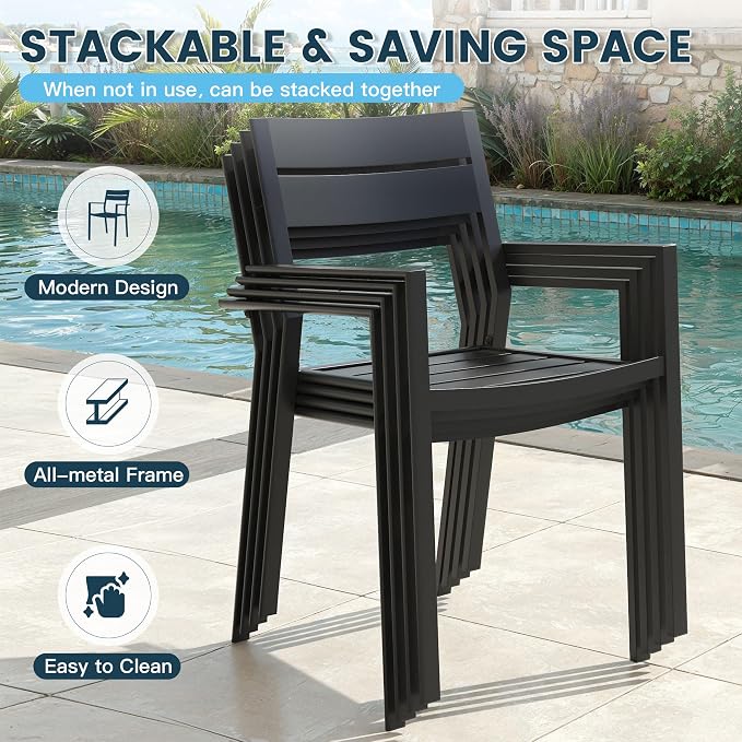 VICLLAX Patio 5 Pieces Outdoor Dining Set for 4, Wrought Iron Metal Outdoor Table and Chairs Set, 40" Square Table with Umbrella Hole and 4 Stackable Chairs for Lawn, Garden, Porch, Dark Grey/Black