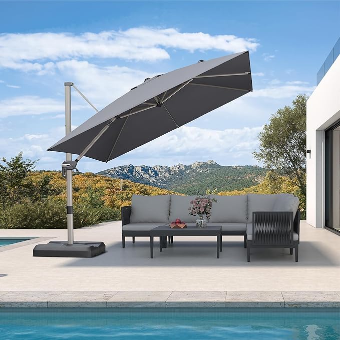 PURPLE LEAF 10’ X 10‘ Patio Umbrella Outdoor Cantilever Umbrella, Aluminum Offset Umbrella with Champagne Frame and 360° Rotation for Pool Deck Garden, Light Grey