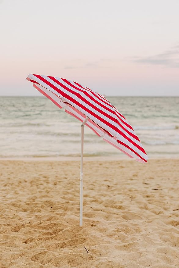 PICNIC TIME 5.5 Ft Portable Beach Umbrella, Lightweight UV Protection Sunshade with Tilt Pole & Carry Bag, Outdoor Canopy Umbrella for Beach, Sand, Pool, Patio, Camping, Travel, or Backyard Shade, (Red & White Cabana Stripe)