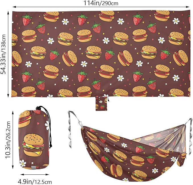 Camping Hammock Outdoor Hammocks for Outside Strawberry Hamburgers Beach Trees Portable Lightweight with Pockets Tree Straps Indoor Small
