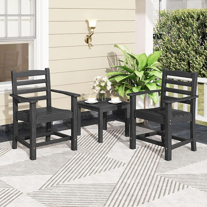 Tangkula Patio Dining Chairs Set of 4, HDPE All Weather Outdoor Chair w/Wide Armrests, Curved Seat, Wood Grain, Plastic Porch Chair for Backyard, Garden, Front Porch, Poolside (Black, 4 Chairs)