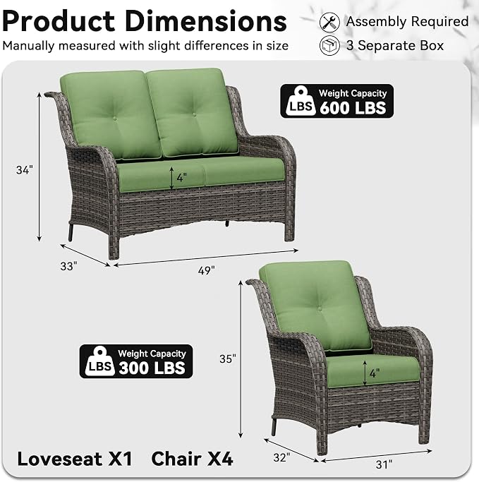 5 Piece Outdoor Wicker Patio Furniture Set, Patio Chairs Set with Thickened Olefin Cushions, High Back and Deep Seating, Hand-Woven PE Rattan for Porch, Deck