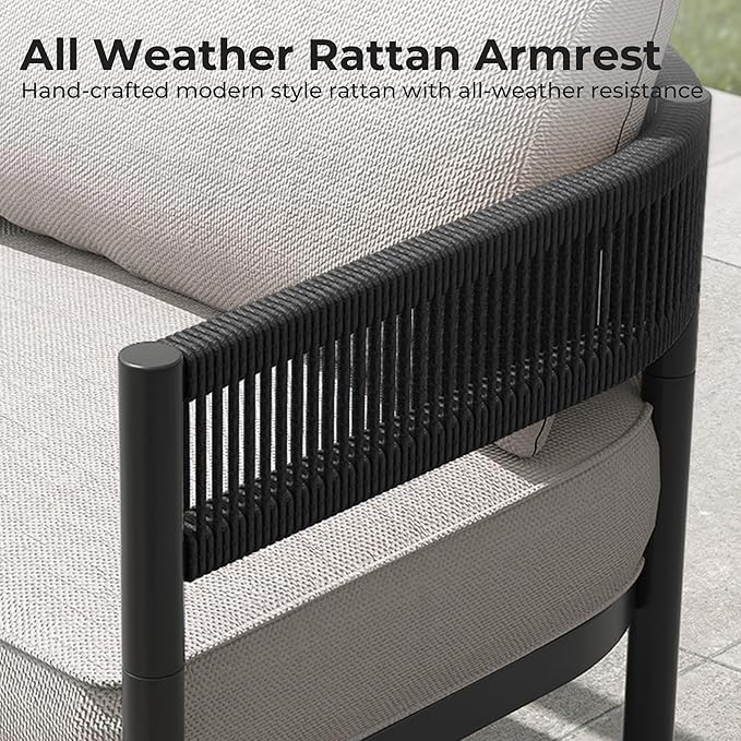 Grand patio 6-Piece Outdoor Furniture Set, 7 Seats Wicker Sofa Conversation Set with 3-Seat Couch, Thick Cushions and Coffee Table, for Backyard, Balcony, Garden (Beige)