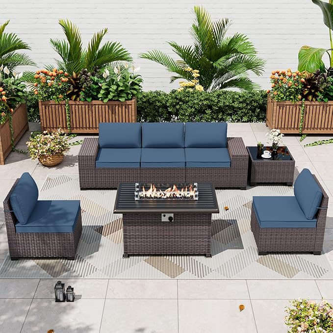 ALAULM 7 Pieces Patio Furniture Set with Fire Pit Table 55000BTU, Oversized Seat/Armrest and High Back Wicker Conversation Set with Thick Cushion for Backyard, Garden, Navy Blue