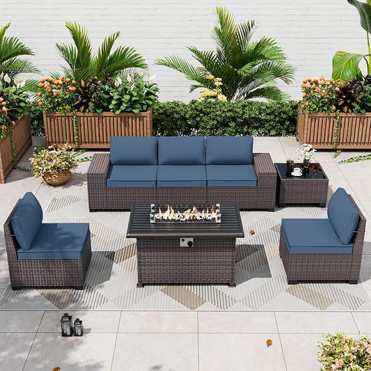 ALAULM 7 Pieces Patio Furniture Set with Fire Pit Table 55000BTU, Oversized Seat/Armrest and High Back Wicker Conversation Set with Thick Cushion for Backyard, Garden, Navy Blue