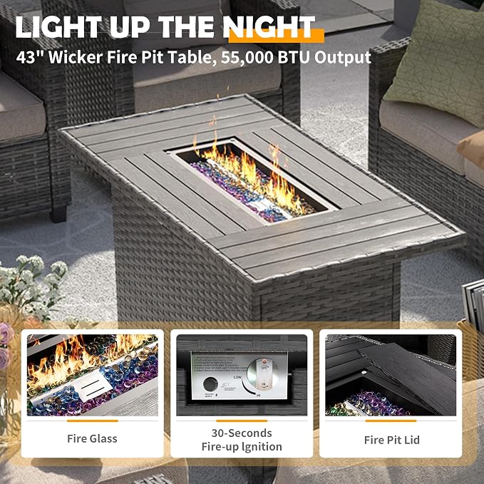 UDPATIO Patio Furniture Set with 44" Fire Pit Table, 8 Pieces Outdoor Sectional Conversation Sets, All-Weather Wicker Rattan Sofa Ottoman with 4" Thick Cushion for Garden Backyard Deck, Khaki