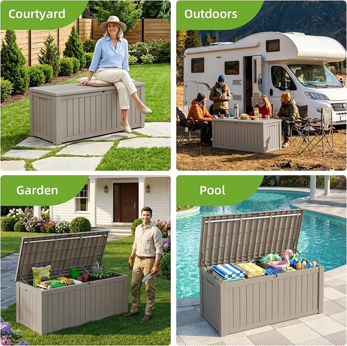 150 Gallon Outdoor Storage Deck Box Waterproof Resin Lockable Outside Bench Porch Patio Furniture Pool Float Garden Tool Cushion UV Resistant Bin Beige