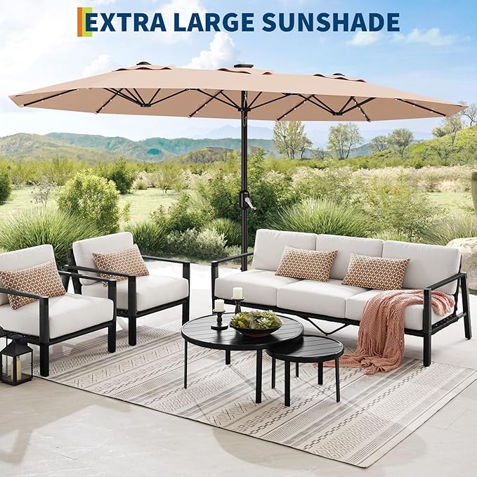 15FT Rectangular Patio Umbrella With Solar Lights & Base Included - Large Patio Umbrella With Crank Handle, UV Protection for Outdoor Market, Lawn, Backyard, Pool