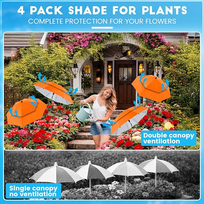 4 Pack 24.9" Double Canopy 47.2" Height Plant Umbrellas for Outdoor Plants, 3D Stakes 360° Adjustable Plant Shades for Outdoor Plants, Garden