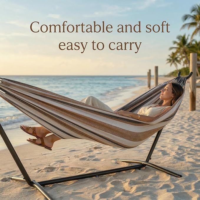 Double Hammock with Stand Included - 2 Person Brazilian Style Portable Hammock Bed - 450 Lbs Capacity Heavy Duty Adjustable Steel Stand for Indoor Outdoor - Weatherproof with Carrying Bag