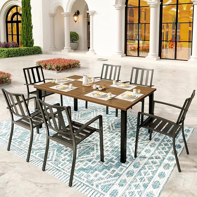 SUNSHINE VALLEY Patio Dining Set,Wood-Like Metal Table w/Umbrella Hole | 60x36 Table&6 Pcs Rust-Proof Stackable Chairs, Outdoor Table and Chairs Set for Backyard Garden Deck