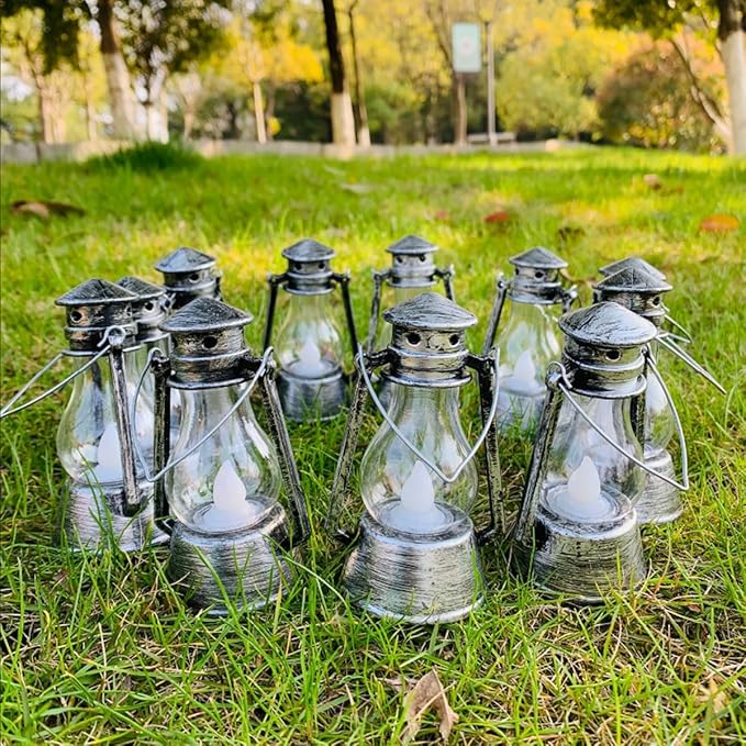 12 Pack Mini Lantern for Little Cowboy Centerpieces Tables Ideas Western Party Favor Decorations Wedding Decor Camping with 4inch Flickering LED Candle, Vintage Table Toppers Decorative