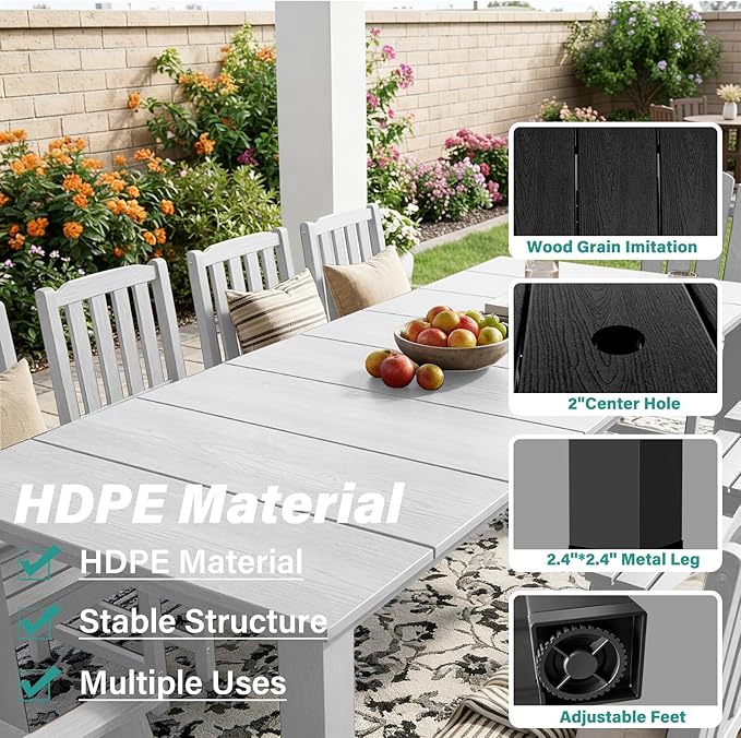 11-Piece Patio Dining Set, Outdoor Dining Set for 10, HDPE All-Weather Outdoor Furniture with 89.57” Umbrella Hole Table, 2 Armchairs & 8 Armless Chairs, White