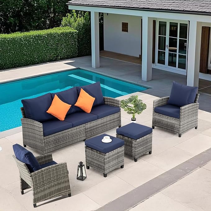 FHFO 5 Pieces Outdoor Patio Sectional Furniture Set, Wicker Patio Conversation Sofa Couch Set with Ottomans Rattan Chair and Table for Outside, Garden,Grey-Blue