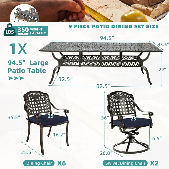 MEETWARM 9-Piece Outdoor Patio Dining Set for 8, All Weather Cast Aluminum Patio Funiture Table and Chairs Set- 94.5” Rectangle Table and 2 Swivel Rocker Chairs, 6 Stationary for Garden, Navy Blue