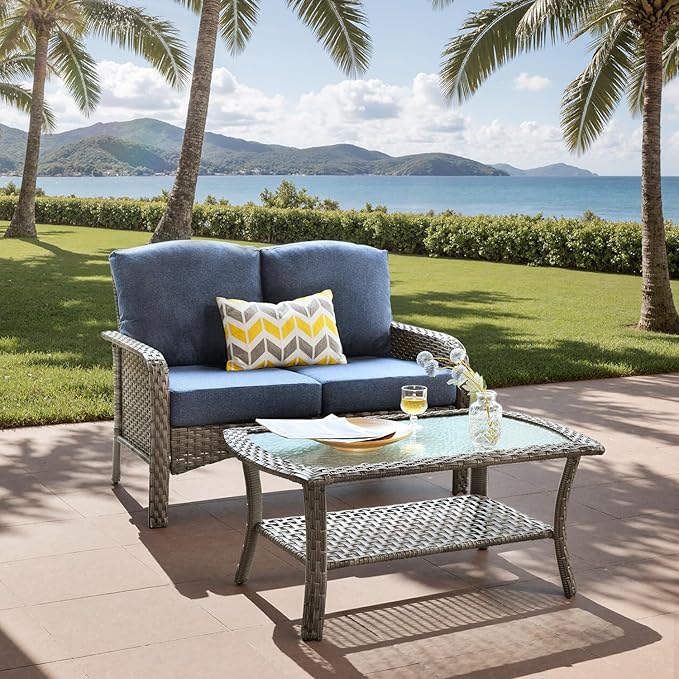 2-Piece Outdoor Patio Furniture Set with Coffee Table, Outdoor Conversation Wicker Sofa with Thickened Cushions, Rattan Couch for Deck Yard Poolside, Blue